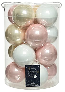 Decoris Weihnachtskugeln Glas 8cm x 16 Stück Christbaumkugeln weiß rosa Perle