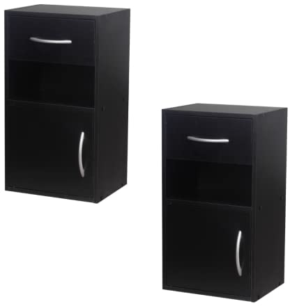 URBNLIVING Set Of 2 Wooden Bedroom Bedside Cabinet Nightstand Side Table w/1 Door 1 Drawer (Black)