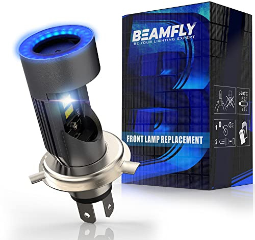 BEAMFLY Bombillas LED H4 Faros Motocicletas Scooters | Anillo Halo, Angel Eyes, 6500LM, HB2 9003 6000K Blanco, Clase energética E