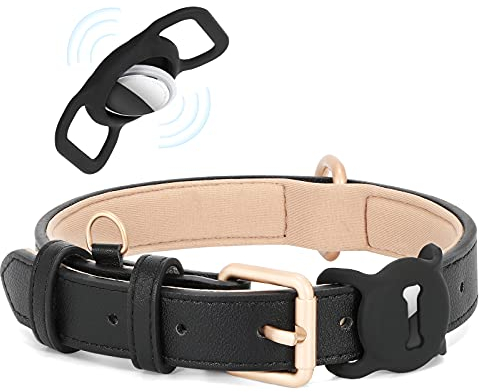WHIPPY AirTag Hundehalsband Leder Verstellbares AirTag Halsband Leder mit Gepolstert und Metall Schnalle Klassisches Weiches Air Tag Hundehalsband für Welpe Kleine Mittel Große Hunde Schwarz,XS