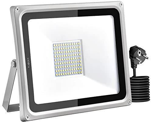 wowspeed 100W LED Strahler mit Stecker,10000LM Superhell LED Strahler Außen, 6500K Kaltweiß Außenstrahler,IP65 Wasserdicht Scheinwerfer, Flutlichtstrahler für Hof, Garage, Sportplatz