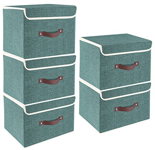 TYEERS Faltbare Aufbewahrungsbox mit Deckel, Stoff, Waschbare, Kisten Aufbewahrung mit Deckel, 38x25x25 cm, 5-Stück, Aqua Deep