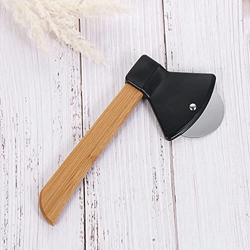 Jenell, Axe Pizza Cutter with Bamboo Handle and Sharp Rotating Blade for Pizza, Bread, Cakes, Gifts (Black)