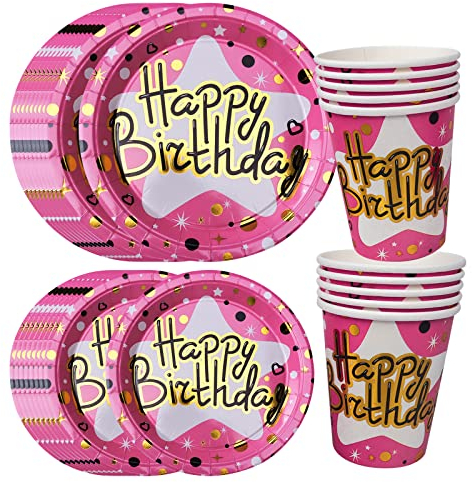 Vaisselle de Fête Joyeux Anniversaire,Assiettes en Papier d'anniversaire en or rose,Ensemble de Fête d'anniversaire,Gobelets en Papier Assiettes Joyeux Anniversaire,Décoration de Table Garçons filles