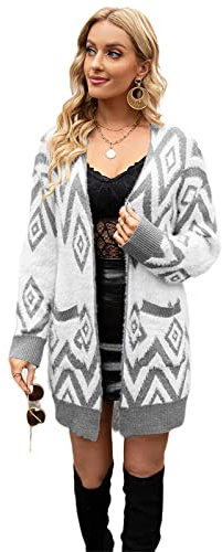 HEYPORK Damen Winter Warm Bequem Jacke Casual Mode übergangsjacke Mantel Frauen Pullover Vintage Strickjacke Diamant Halblange Strickjacke Jacke