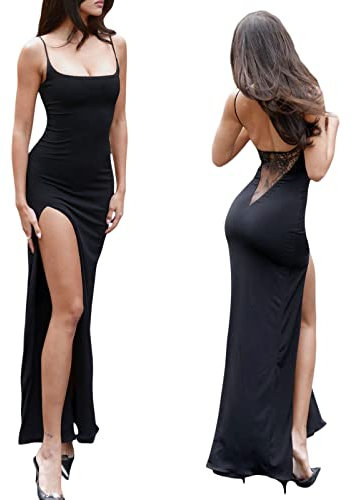 Vestito Lungo Donna Vestito Aderente Elegante Ragazza Vestito in Pizzo Donna Ricamo Floreale Sexy Abito Senza Maniche Trasparente Senza Schienale Scollo a V Abito da Sera Casual (Nero A, S )