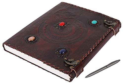 OVERDOSE Rose Chakra with 4 Stone Vintage Leather Journal - Handmade Antique Journal For Students & Office For Men Women Diary Leather Sketchbook Drawing - Size 10 X 13 Inches | 25 X 33 cm