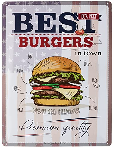 DODINO Plaque en métal HAMBURGER 304x40cm, Plaque en métal, vintage avec hamburger, Décoration murale pour cuisine, café, dîner, bar, hamburger