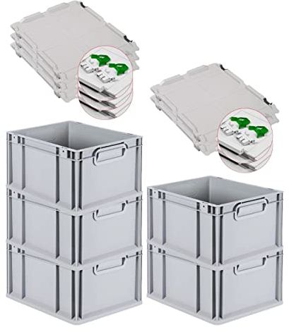 PROREGAL SuperSparSet 5x Eurobox NextGen Grip mit Scharnierdeckel und grünen Schiebeschnappverschlüssen, HxBxT 22x30x40cm, 20 L, Grau, Griffe geschlossen, Eurobehälter, Transportbox