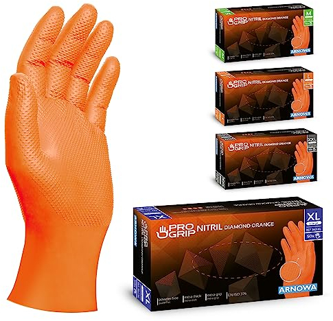 PROGRIP Einweghandschuhe Diamant Grip, Orange, Einmalhandschuhe Extra Stark, Nitrilhandschuhe Gr. XL, 2x dicker, Handschuhe Einweg, Arbeitshandschuhe für Werkstatt & Montage, 50 Stk/Box