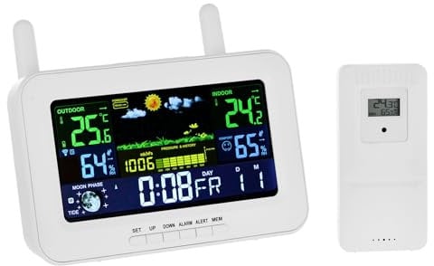 ​Aoresac Wetterstation Funk mit Außensensor, Innen Außen Hygrometer Thermometer Hygrometer Wecker mit Farbbildschirm für Wetter, Datum, Temperatur, Luftfeuchtigkeit, Wettervorhersage