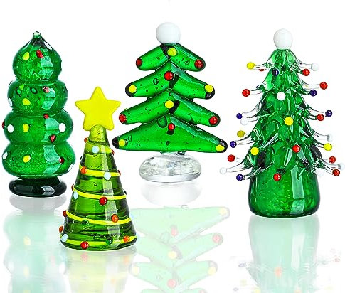 HDCRYSTALGIFTS Weihnachtsbaumfiguren-Set aus geblasenem Glas, Sammlerstück, Kunst, Glasstatue, Urlaubsdekoration, Skulptur, Festival, Geschenke, Heimkunst, 4 Stück