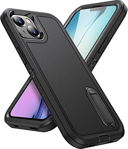 HATUFU For Apple iPhone 15 Case, [Military Drop Protection] Shockproof Phone Case, [Non-Slip] Build-in Kickstand Anti-Fingerprint Scratch Resistant (Black)