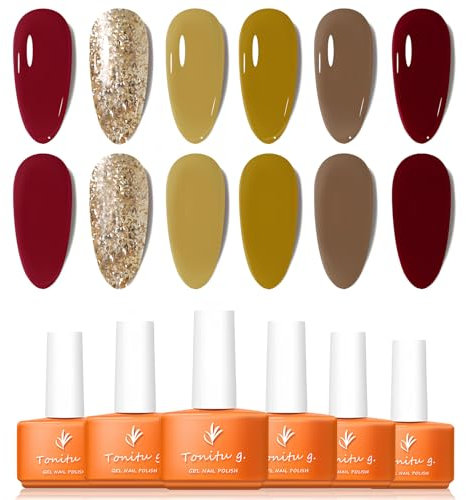 Tonitu G Gel Nail Polish Set 6 Colors Gel Polish Kit, Dark Red Gold Glitter Mustard Yellow Pale Yellow Nude Beige Crimson Nail Art Design Soak Off LED at Manicure DIY Home Salon Gifts for Women Girls