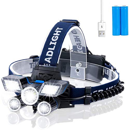 BIGFOX Lampe Frontale LED Rechargeable - Ultra Puissante Lampe à 21 LED de 12000 Lumens, Rechargeable USB 90° Réglable Torche Frontale Étanche,pour Camping, Pêche, Cave, Jogging et Randonnée