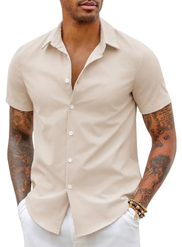 COOFANDY Mens Shirts Short Sleeve Shirt Dress Shirt Slim Fit Casual Shirts Summer Formal Shirt Beach Shirt Summer Shirt Button Up Office Shirts Business Shirt Light Khaki L