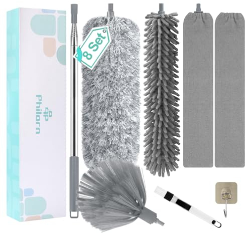 Philorn 8PCS Feather Duster Extendable, 110 Inches Microfiber Duster Cleaning Steel Telescopic Pole and Window Slot Cleaning Brush, Washable Duster for Ceiling Fan, Blinds (Grey)