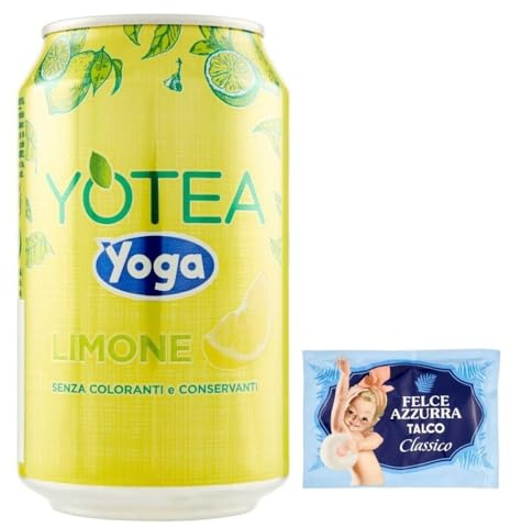 24er-Pack Yoga Yotea Thè Limone,Erfrischendes Alkoholfreies Getränk,Eistee mit Zitrone,330ml Einwegdose + 1er-Pack Kostenlos Felce Azzurra Talkumpuder, 100g-Beutel