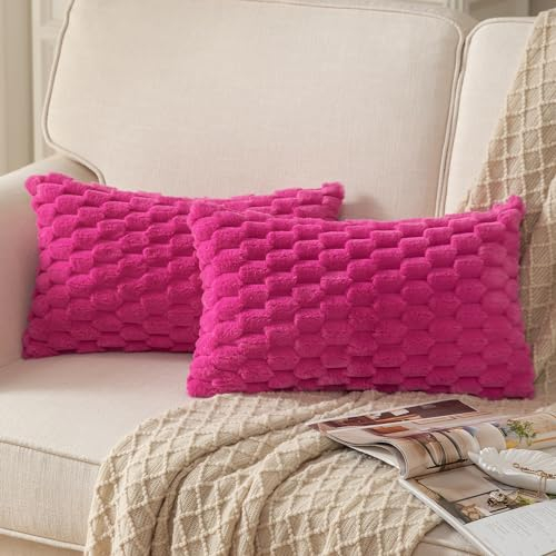 Mandioo Lot de 2 Super Doux Peluche Moelleux décoratif Housses de Coussin Fausse Fourrure Laine Velours Taie d'oreiller Canapé Chambre à Coucher Le Salon Rose Chaud 30 x 50 cm