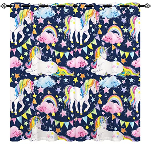 YUANZU Regenbogen Einhorn Vorhänge Kinder Wolken Sterne Ösen Gardinen mit Blickdichte Vorhang Kälteschutz Blackout Curtain Kinderzimmer Schlafzimmer Verdunkelung Fenster, 2 Stück, H 160 x B 106 cm