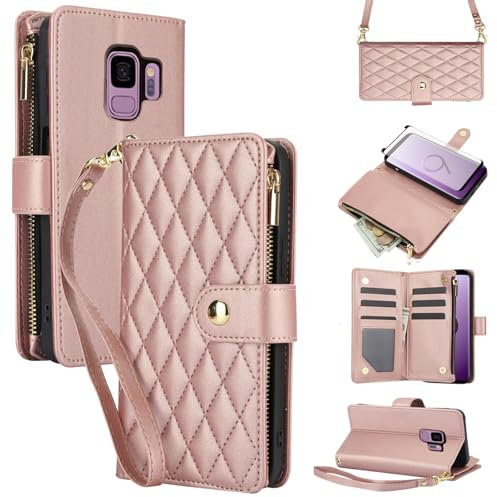 Asuwish Phone Case for Samsung Galaxy S9 with Tempered Glass Screen Protector and Zipper Wallet Cover Card Holder Slot Stand Flip Wrist Strap Mobile Cell Accessories S 9 Edge 9S GS9 Women Rose Gold