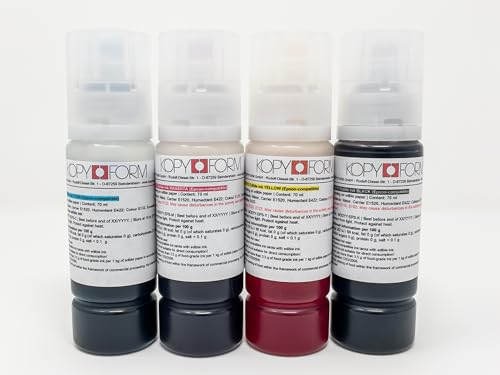 Kopyform Canon Lebensmitteltinte 4x70ml Set (Schwarz, Gelb, Magenta, Cyan) für Canon-Drucker, z.B. G1501; mit Adapter für eine leichte Befüllung (KOL070)