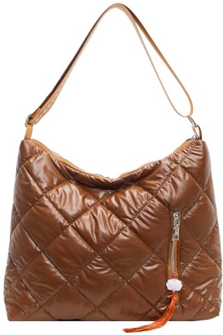 JANSBEN Puffer Schultertasche Damen Gesteppte Tasche mit Breiter Gurt Handtasche Baumwolle Winter Puffy Umhängetasche für Uni Arbeit Reisen Einkaufen,Braun