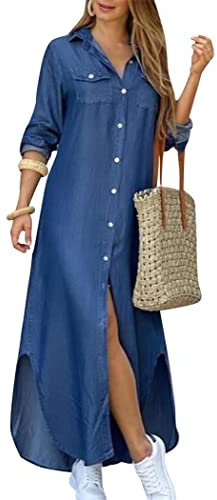 OMZIN Damen Shirt Kleid Revers Hals Baumwolle Leinen Maxi Hemdkleid Mit Aufgerollten Ärmeln Cowboy XL