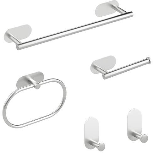 Sarsumir Towel Rail Wall Mounted 5 Pieces Toilet Roll Holder Hand Towel Holders for Bathrooms Kitchen Stainless Steel Towel Rack Self Adhesive Hooks Bath Accessories No Drilling, Silver Gray