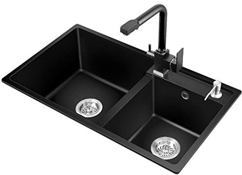 Black Quartz Stone Double Bowl Kitchen Sink with Brush Bowl for Fruit Cleaning Bathroom Washbasin and Tableware Cleaning.