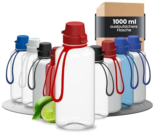 Trinkflasche 1L Kinder 'School' - bruchsichere Tritan Flasche mit Strap | auslaufsicher, lebensmittelecht, spülmaschinenfest, Sport, Schule, Arbeit, Outdoor, Fitness