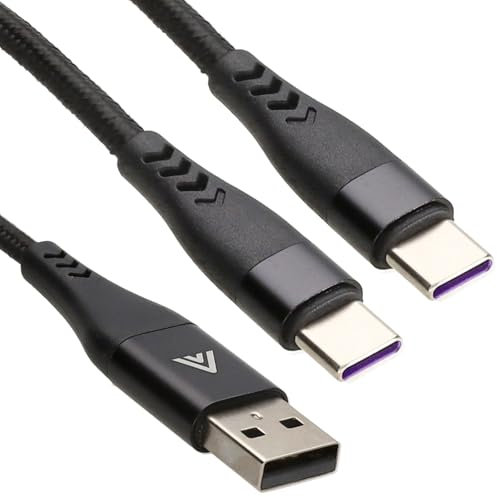 kenable USB A to Dual Type-C Cable, 2 Metre Charging Splitter Lead, Black