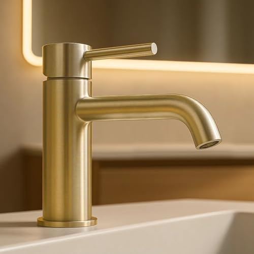Go Bathrooms Basin Mixer Tap Gold Swivel Handle Click Waste | Brushed gold basin sink tap with single lever swivel handle. Includes click-clack waste set.
