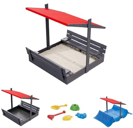 QLS Sandkasten aus Holz 120x120 cm mit Sitzbank Dach und Abdeckung imprägniert für Garten (Rot, 120 cm)