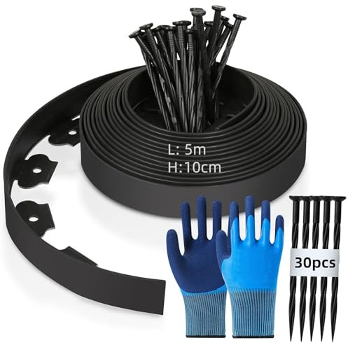 Flexible Rasenkante aus Kunststoff, 5m (L) x 10cm(H) Beetbegrenzung Rasenkanten Beeteinfassung Beetumrandung, Mähkante - Rasenkantenband mit 30 Erdanker + 1 Paar Handschuhe (Schwarz)