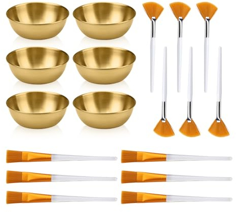 Lot de 18 bols et brosses en acier inoxydable, 12 pinceaux plats et éventails pour soins de la peau pour le visage avec 6 bols mélangeurs, outil applicateur cosmétique pour le visage, fournitures