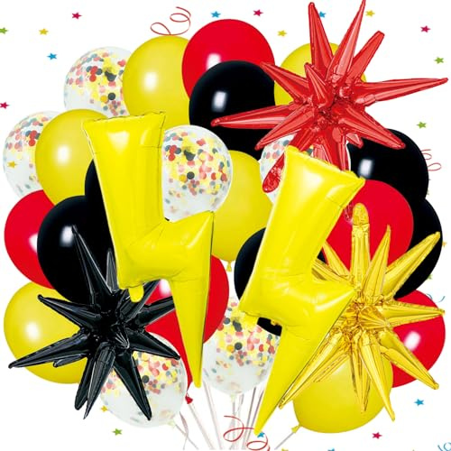 29 Stück Rot Schwarz Gelb Balloons Set,Luftballons Geburtstag, Blitz Ballon | Explosions Stern Blitz Folienballonm, für Disco Blitzparty, Abschluss, Geburtstag