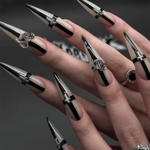 Auroriel 24 Pieces Goth Press on Nails Stiletto Long Almond Black with 3D Cross Design, Reusable Acrylic Artificial Stick on Nails for Women