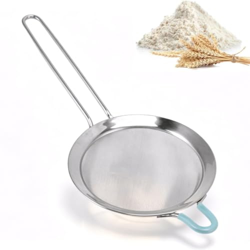 Handheld Flour Colander with Long Handle, Super Wire Extra Fine Mesh Strainer with Silicone Hook, Stainless Steel 60 Mesh Fine Strainer for Rice Juice Quinoa Food Flour Baking (20cm)