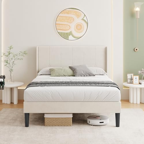 Vesgantti 4FT6 Double Bed Frame & Adjustable Headboard,Easy Assembly | Wing Edge Headboard, Solid Wooden Slats & Upholstered Platform, Noise-Free, Under Bed Storage, 135 x 190 cm, Cream