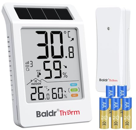 BaldrTherm Funk-Thermometer Innen/Außen, Digitales Hygrometer mit Funksensor, Temperatur- und Luftfeuchtigkeitsmesser mit 100 m Reichweite, Solar- & Batteriebetrieb, inklusive 1 Sensor