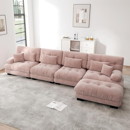HAUSPROFI Modulares Sofa aus Chenille | Cloud Couch mit Ottomane Lenden- & Dekokissen | Tiefsitz, breite Armlehnen & ohne Montage | für Wohnzimmer, Apartment, Studio, Büro (Rosa,4-Sitzer + 1-Otto)