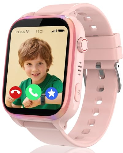 ELEJAFE 4G Montre Connectée Enfant, Montre GPS Enfant Téléphone avec Appel Vidéo SOS Réveil Appareil Caméra IP68 Mode Scolaire Jeux Chat,Smartwatch Cadeau pour Filles et Garçons (Rose)