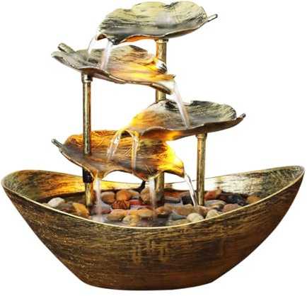 Fontana d'acqua da tavolo - a cascata piccola foglia di loto 4 livelli | USB Desk Fountain Pompa automatica con interruttore alimentazione per interni LED