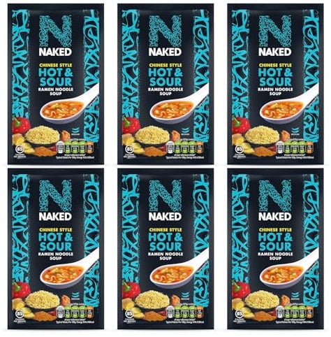 Naked Chinese Style Hot & Sour Ramen Noodle Soup 6 Pack – 6 x 25g – Instant Tangy & Spicy Noodles – Quick & Easy Meal – Includes Gifty Goodness Shopping List