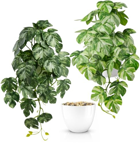 PASCH® 2er Set künstliche Hängepflanzen: Monstera künstlich | künstliche Pflanzen wie echt | Kunstpflanzen hängend | Kunstpflanze hängend im Topf (Monstera Set, 41cm)