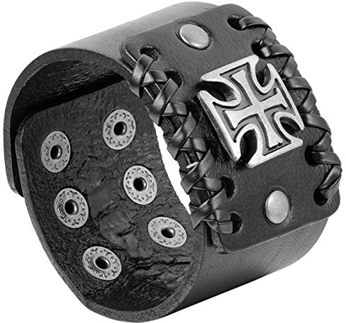 JewelryWe Schmuck Herren Armband, Breit Kreuz Armreif, Verstellbaren Größen, Leder Echtleder Legierung, Schwarz Silber