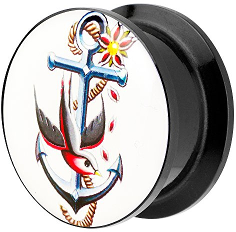 Piersando Ohr Plug Piercing Kunststoff Motiv Comic Picture Flesh Tunnel Ohrplug mit Anker und Schwalbe Vogel Schwarz Weiß 10mm
