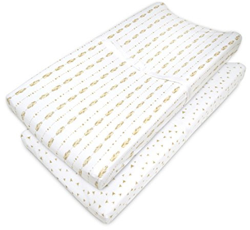 American Baby Company 2 Pack Printed 100% Natural Cotton Jersey Knit Fitted Contoured Changing Table Pad Cover, Travel Lite Mattress, Taupe Feathers and Triangles, Soft Breathable, Boys and Girls