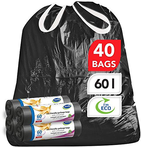 Stella Pack Sacs Poubelle Noirs 60l 40 Pcs Résistants Liens Coulissants Anti-fuites Écologiques Recyclés Multi-usages pour Déchets Linge Jouets et Rangement